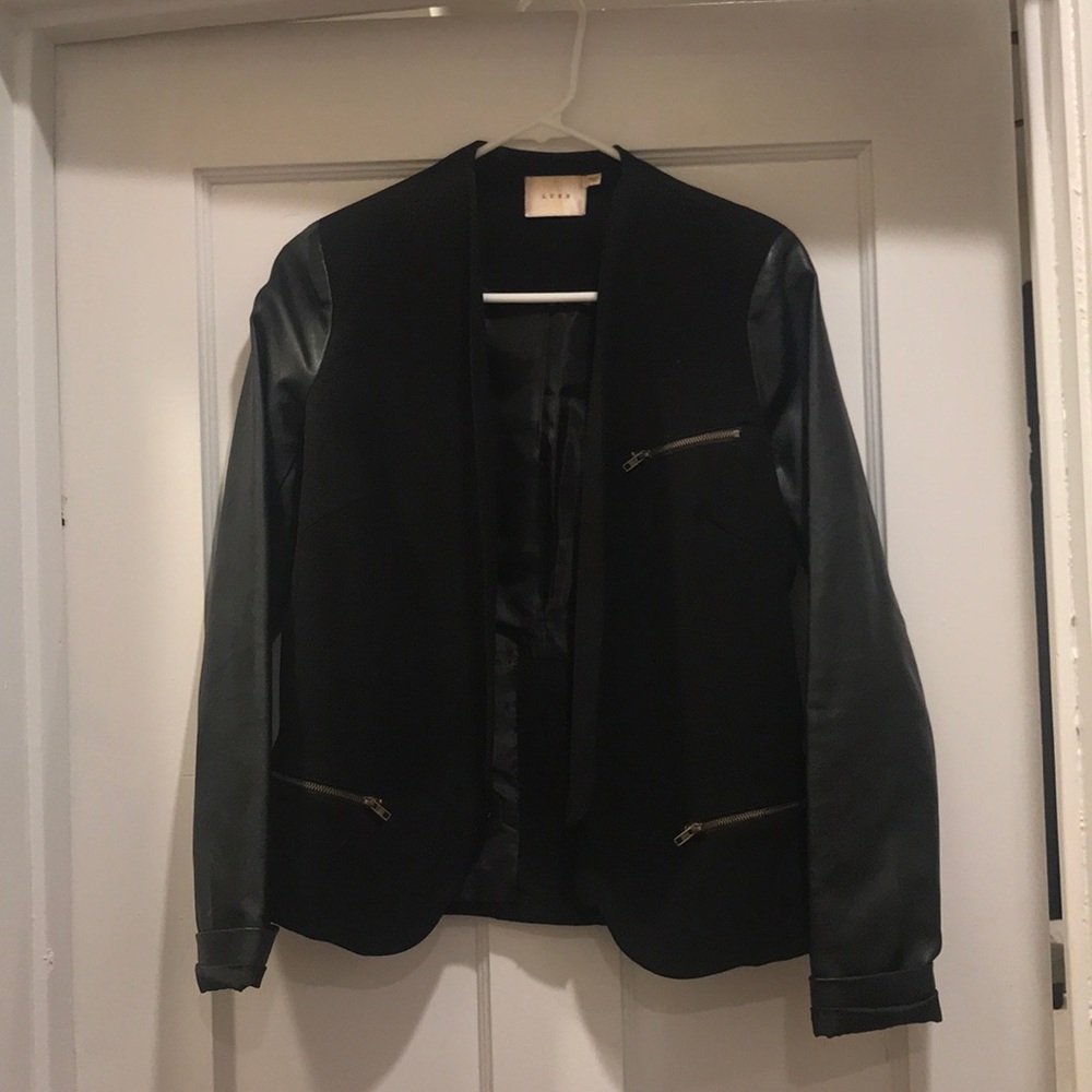 Black blazer with leather sleeves